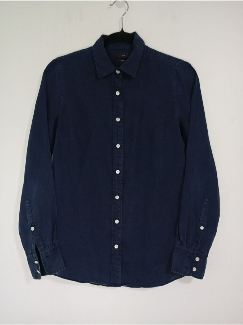 J.Crew 100% Linen Button-Up Shirt 00 Long Sleeve Perfect Fit Womens Navy Blue
